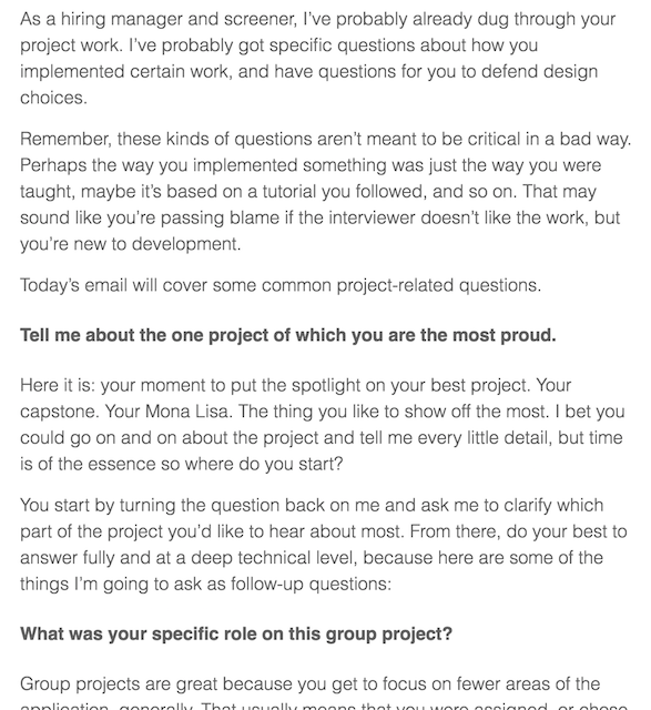 A sample of text from a prep email showing how I might ask questions about your project portfolio